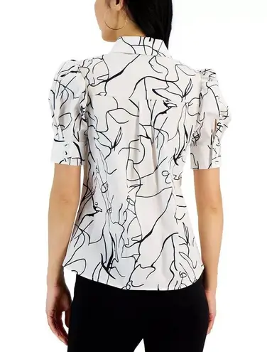 Elie Tahari Graphic Puff Sleeve Button Up Short Sleeve Top White Size Small