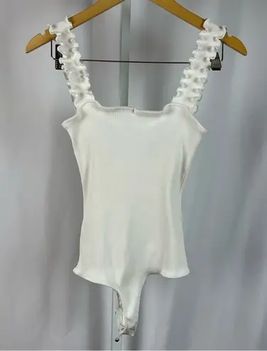 Charlotte Avery Size XL Extra Large Ribbed Ruffle Strap Y2K Feminine Bodysuit White