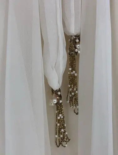 70’s Cream Beaded Sheer Layers Maxi Dress Wedding Gown Long Sleeve Pearls Sequin Size M