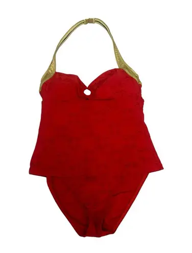St. John Swim Red One Piece swimsuit Gold Trim Halter Size 6 SJ Logo resort