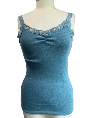 Energie Y2K 90s Blue Lace Trim Embellished Ribbed Fitted Tank Top Sz Large