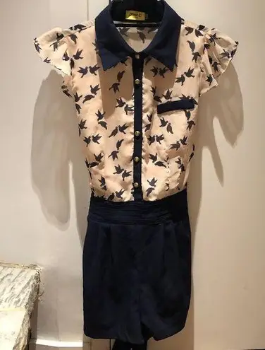 Swallow Print Romper, Navy & Pink