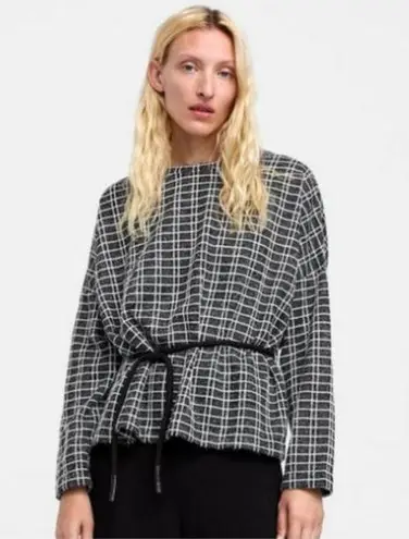 ZARA  Basic Plaid Tie Boxy Long Sleeve Black White Top Crew Neck sz M