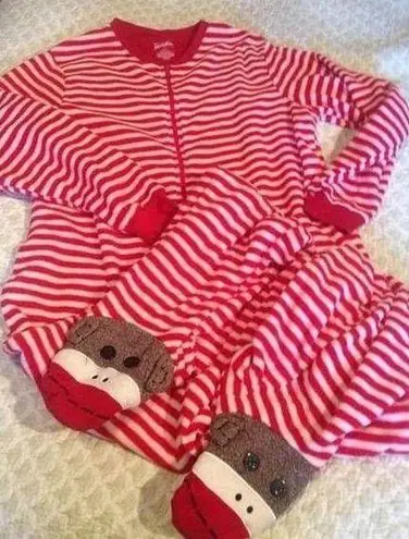 Nick & Nora  Red and White Striped Sock Monkey Footed One Piece PJs Size M  Red