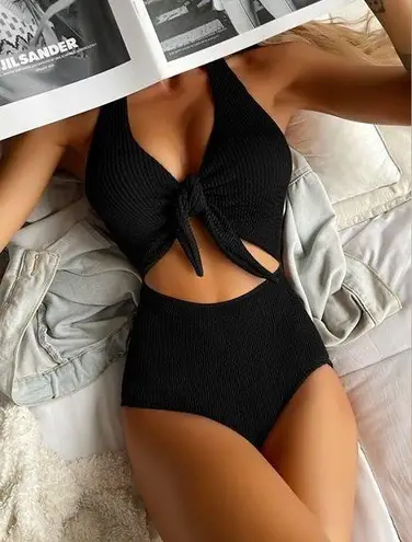 One Piece Black textured cut out halter  swimsuit