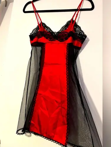 Frederick's of Hollywood Vintage Frederick’s of Hollywood Red Satin and Black Lace Sheer Whimsigoth Slip
