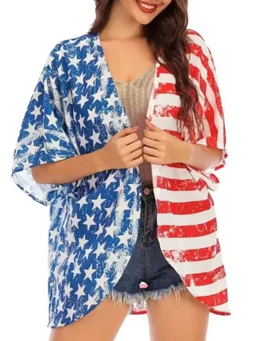 Riah Fashion Patriotic Stars and Strips American Flag Bohemian Lightweight Kimono Size XL NEW