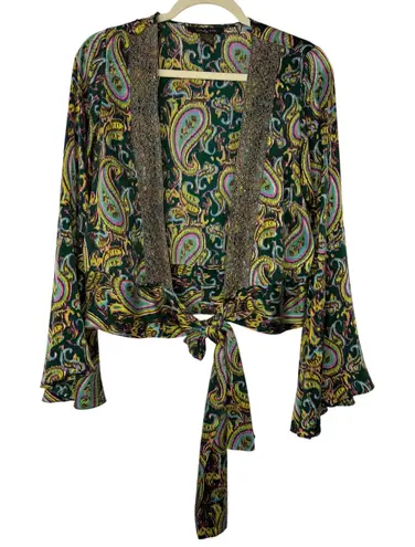Wendy Hil 100% Silk Paisley Tie Front Boho Disco Glam Bell Sleeve Top L Green Size L