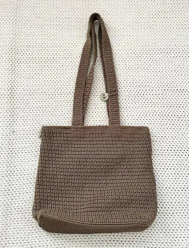 The Sak Classic Crochet Beige Khaki Tan Long Handle Medium Shoulder Bag Zip