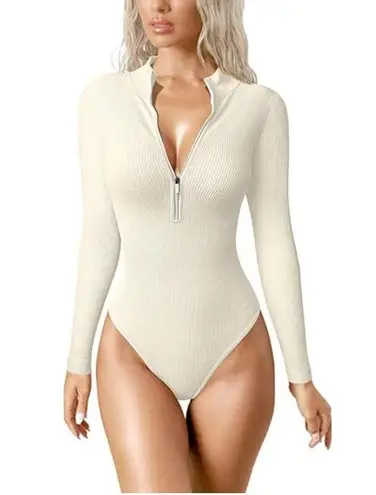 OQQ Long Sleeve Half Zip Mock Neck Ribbed Bodysuit Yellow Women's Size Large