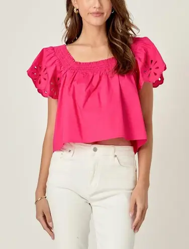 NWT Hyacinth House Hot Pink Eyelet Puff Sleeve Top | S
