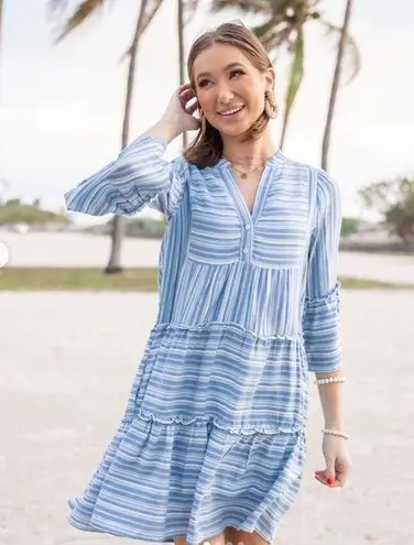 NEW Avara Libby Dress Coastal Cowgirl Stripe Tiered Mini Boho Beach Resortwear S Blue