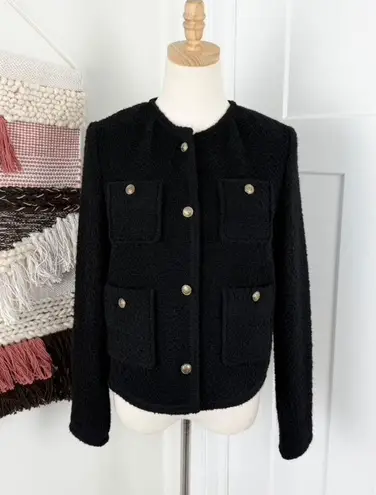 Massimo Dutti NEW Textured Cropped Jacket with Pockets Black Tweed Sz S