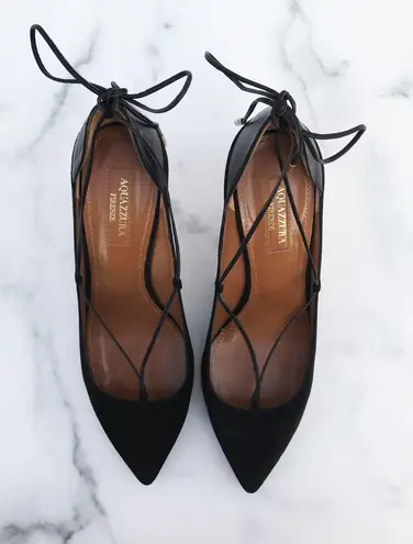 Aquazzura Fellini women’s leather-trimmed black suede pointed-toe pumps IT 37