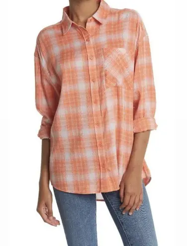 Abound Nordstrom Plaid button down shirt top SMALL long sleeve blouse orange white