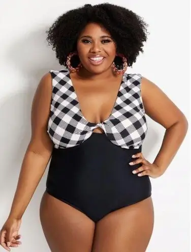 Raisin's Curve Gaia Black & White Houndstooth Plaid Slimming Swimsuit New