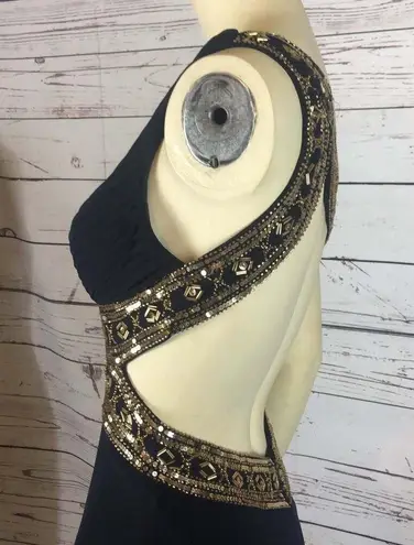 Betsy and Adam NWT Navy one shoulder gown With gold embellishments size 4