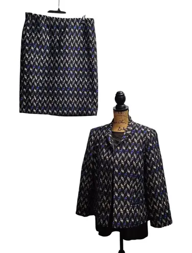 Kasper Womens Suit Set Jacket Skirt Geometric Print Black Blue Size 12