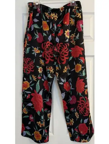 Natori Womens LG Satin Sleep Pants Black Floral Vibrant Wide Leg Tropical Flowy
