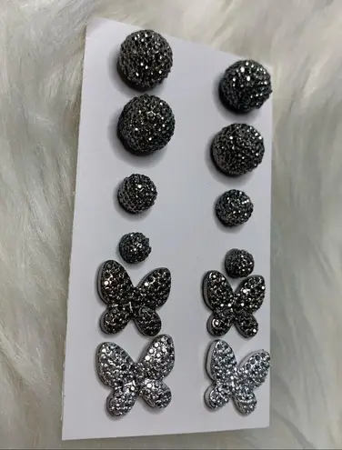 6 Butterfly & Ball Stud Earrings Dark Silver // Lot, Bundle, Set