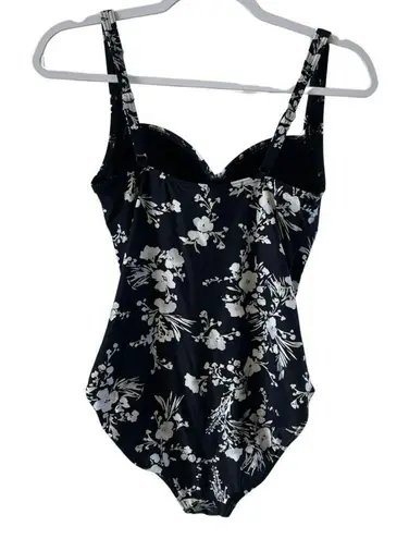 Niptuck Womens Floral Black Silver White Ruched Bodice One Piece Swim Suit 8