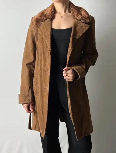 vintage camel brown suede leather faux fur collared button trench coat jacket Size M