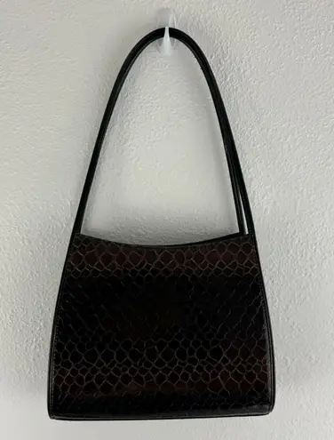Vintage 90s Black Dark Brown Shiny Faux Leather Croc Embossed Shoulder Bag