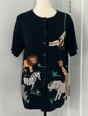 Bechamel Medium Black Animal Embroidered Button Down Short Sleeve Cardigan