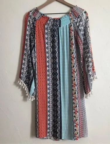 Military Hippie Mutli Color Patterned Striped Long Sleeve Boho Beach Mid Dress