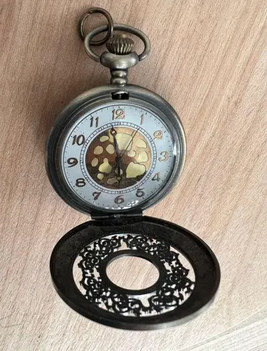 Steampunk Pocket Watch Beautiful Brass Color Case Scroll Motif Back White Dial