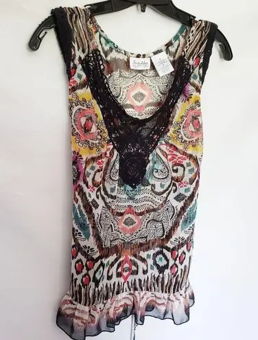 Forbidden Boho Sheer Tank Womens Top Size Medium Black Lace Ruffle