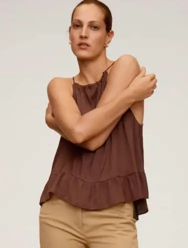 Mango Halterneck Ruffle Hem Tank Top in Brown - XS