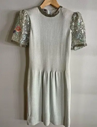 Vintage Knit Mini Dress Beaded Puff Sleeves Pearl Sequin Embroidery 80s glam Green Size 8