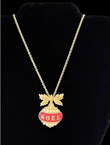 Vintage AVON 30” NOEL NECKLACE Red Enameled Gold + Faux Pearl Ornament Pendant