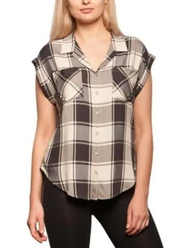 Jack’s Girlfriend Black and Ivory Plaid Button Up Cap Sleeve Casual Shirt, M Size M