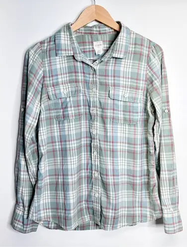 J. Crew Shirt Womens Medium Plaid Green/Brown Button Down Casual Roll Up Sleeves Green