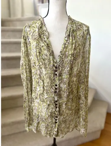 Bob Mackie Vintage Y2K Green White Brown SHEER Silk Boho Whimsigoth Fairy Blouse