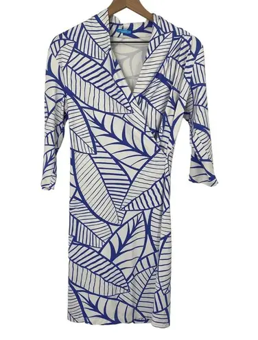 J. McLaughlin Faux Wrap Surpice V Neck Jersey Knit Knee Length Dress White Blue S