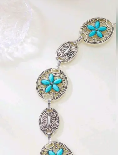 Turquoise Silver Color Vintage Carved Flower Style, Waist Chain Belt