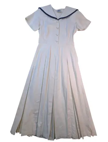 Laura Ashley Vintage Sailor Dress – Cream Linen Cotton Pleated Midi UK10 US6