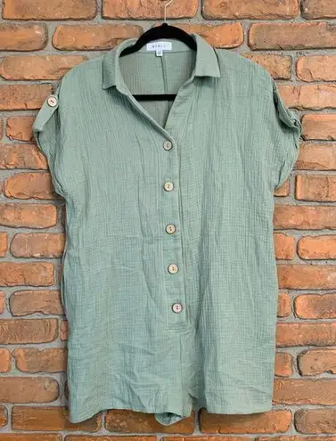 Mable Women's Cotton Wrinkle Gauze Button Front Lightweight Relaxed Romper S/M Green Size M