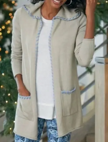 Soft Surroundings Farrah Large Open Front Wool Beige Hooded Cardigan Sweater