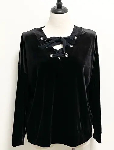 Bobeau Black Velvet Corset Tie V Neck 3/4 Sleeve Top NWT Large Stretch