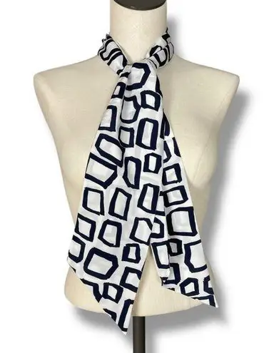 Vintage Long Scarf Abstract Shapes Squarish Narrow Dark Navy Blue White 27" x 5"