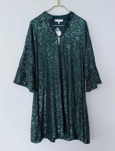 Jude Connally Delia Sequins Dress Palace Green Bell Sleeves Shift Size Small New