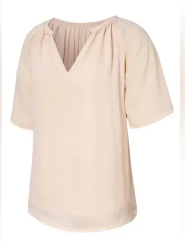 NEW Cream Colored Split V Neck Pleated Loose Fit Flutter Sleeve Tunic Blouse Size L