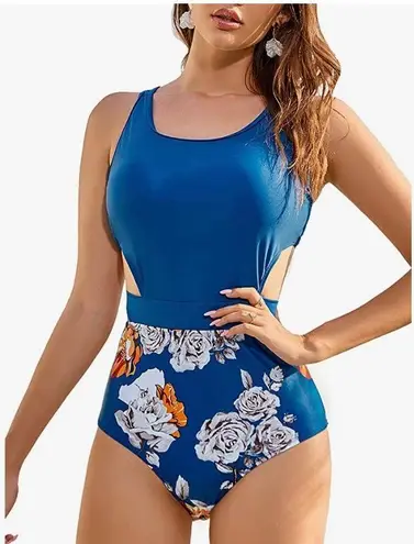 MOLYBELL Swimsuits for Women High Waisted Bathing Suit Monokini Floral Print Cutout Racerback Zip Up Multi Size M