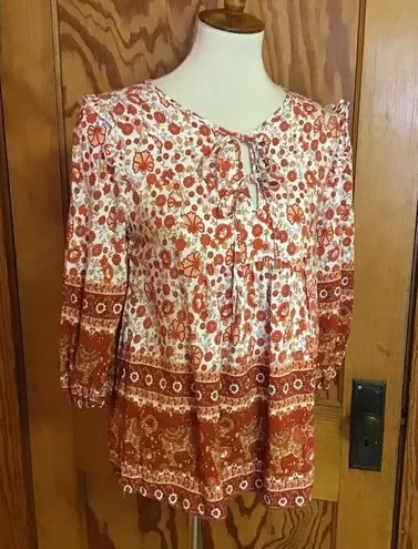 Bright Orange Floral Hippie Chic Peasant Top White
