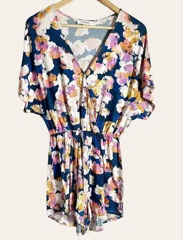 Yumi Kim Navy Blue Floral Print V-Neck Dolman Short Sleeve Romper Size XS