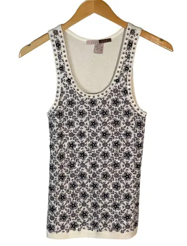Lela Rose Floral Sequin Embellished Sleeveless Cotton Tank Top Navy Small Blue